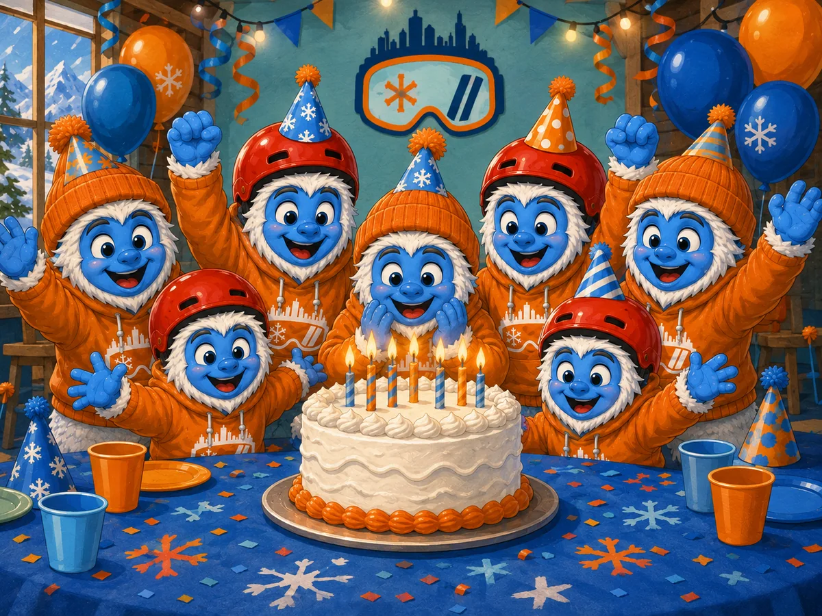 A group of kids around the party table, cheering over the birthday cake