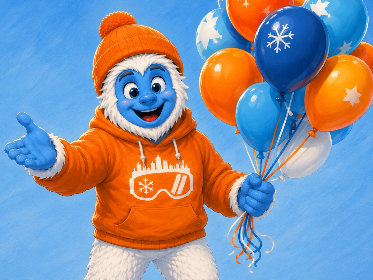 A Shredder party host holding a bundle of balloons, welcoming guests in