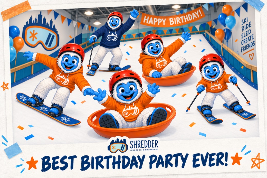 A party of Shredder yetis in red helmets on the indoor slope, sledding, skiing and snowboarding under a Happy Birthday banner