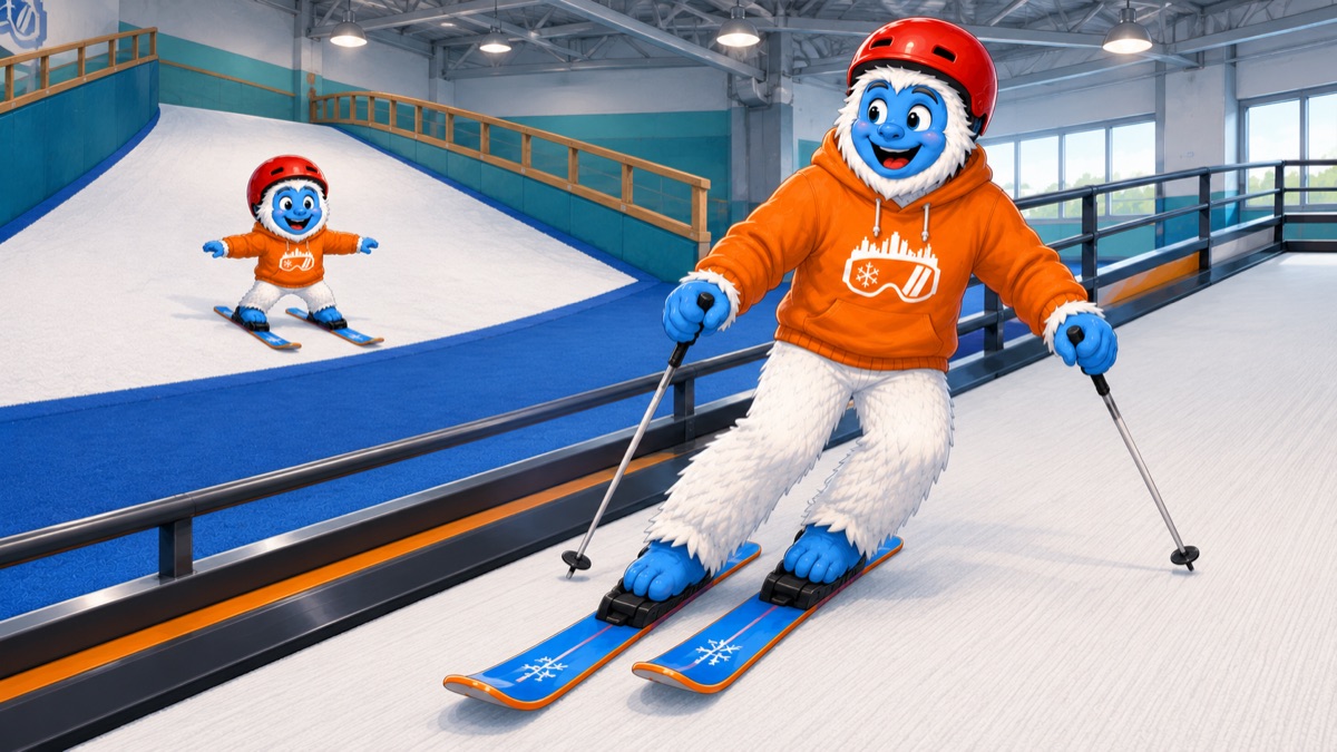 Coach Yeti skiing The Mountain while a kid Yeti skis the slope behind