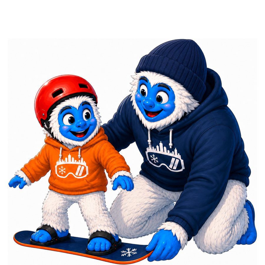 Coach Yeti and kid Yeti on a snowboard