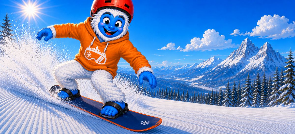 Illustration: the Shredder yeti carving down a sunny mountain slope on a snowboard.