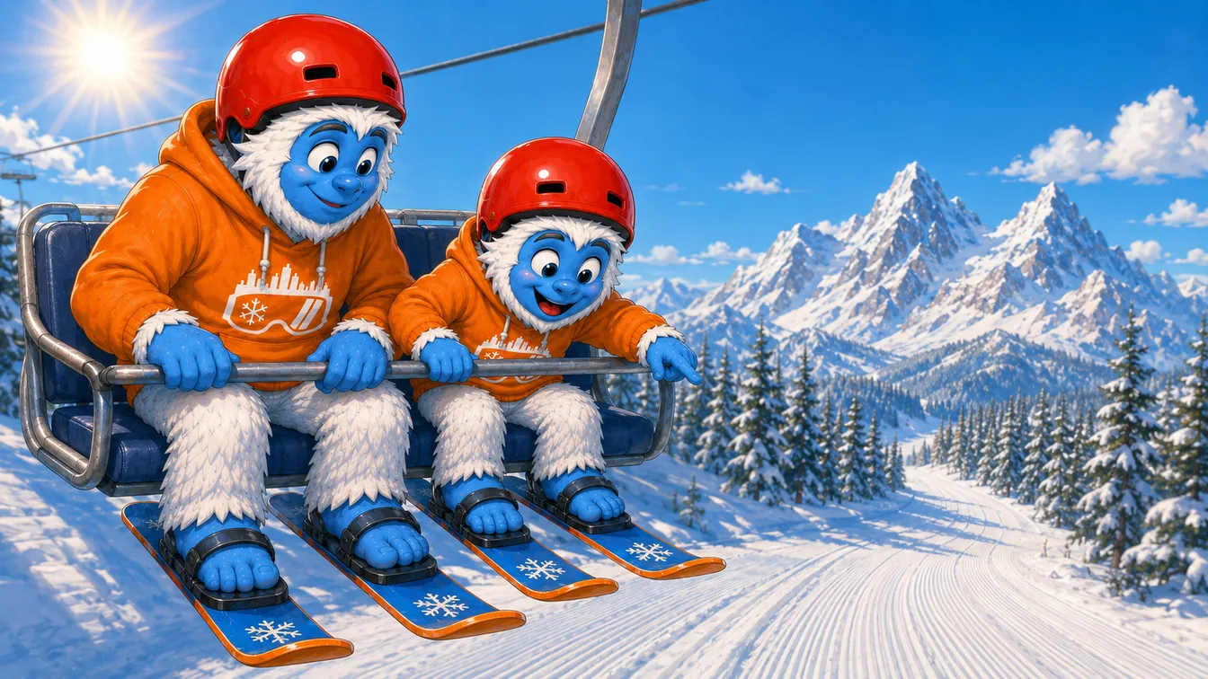 A young Shredder yeti and an adult riding a chairlift together on a sunny mountain, skis dangling below