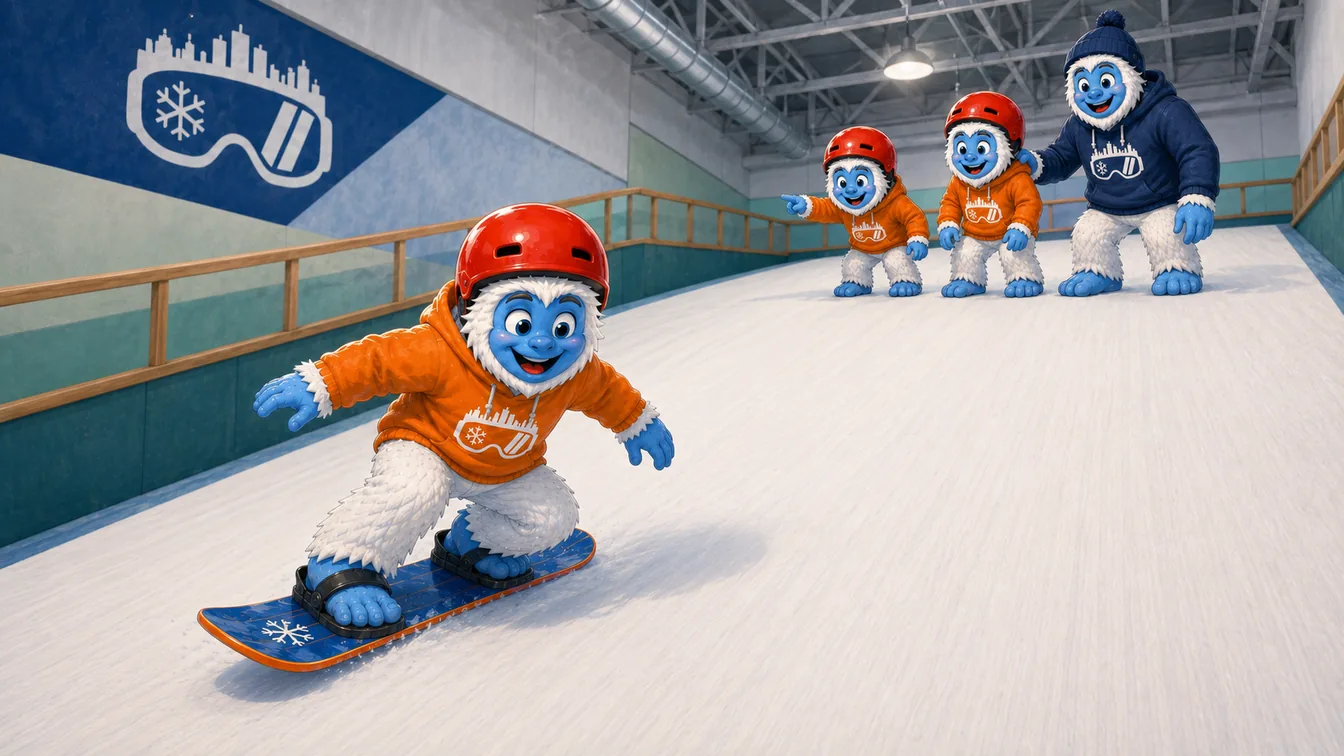 One young Shredder yeti riding down the slope while two others watch beside their coach