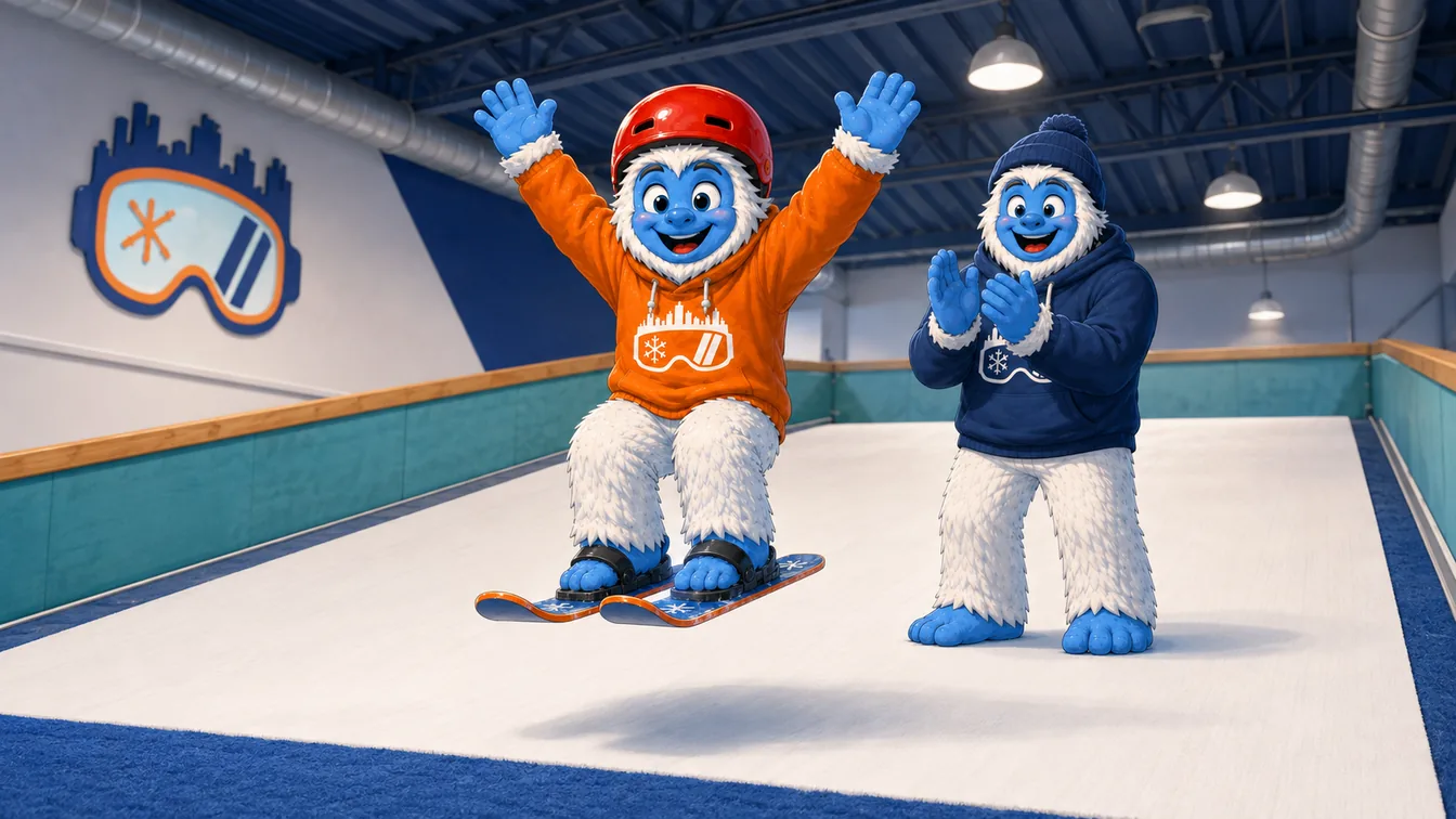 A young Shredder yeti jumping with both arms raised while a coach claps