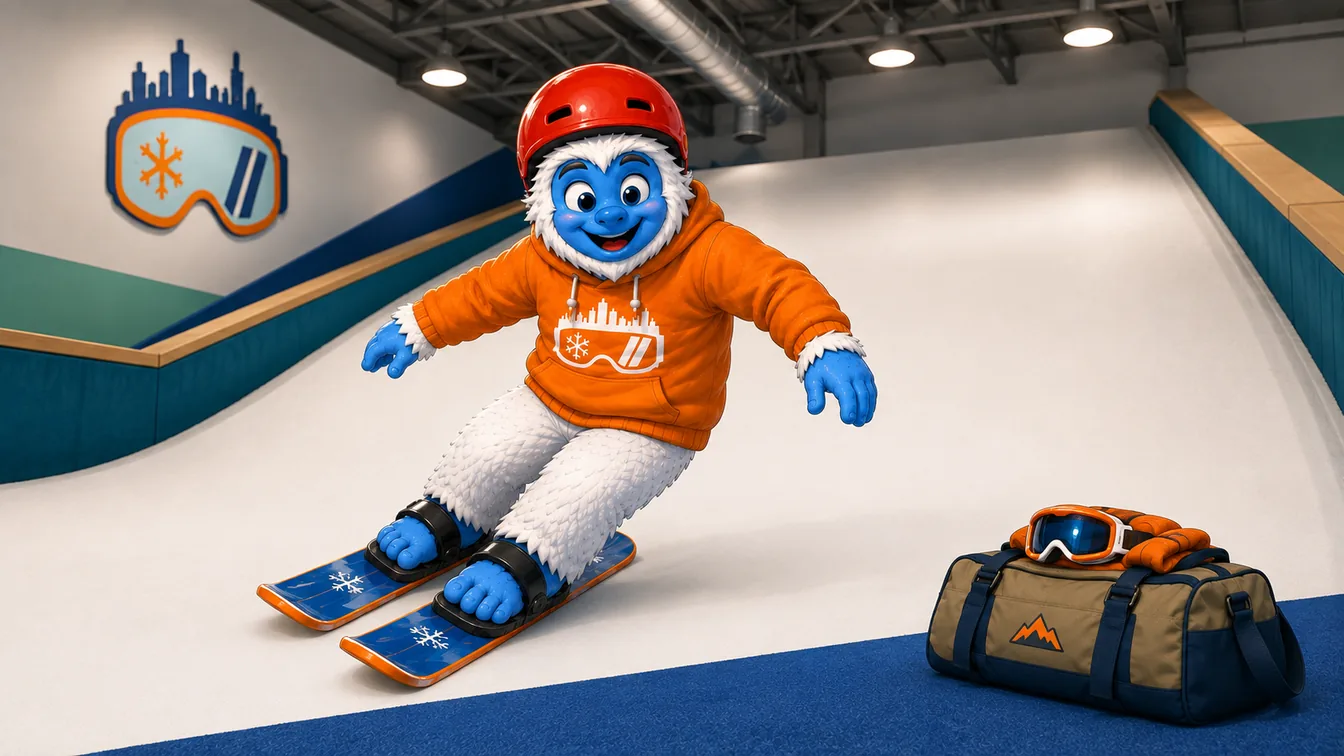A young Shredder yeti carving a turn on the indoor slope, with a packed duffel bag and goggles waiting on the carpet at the bottom