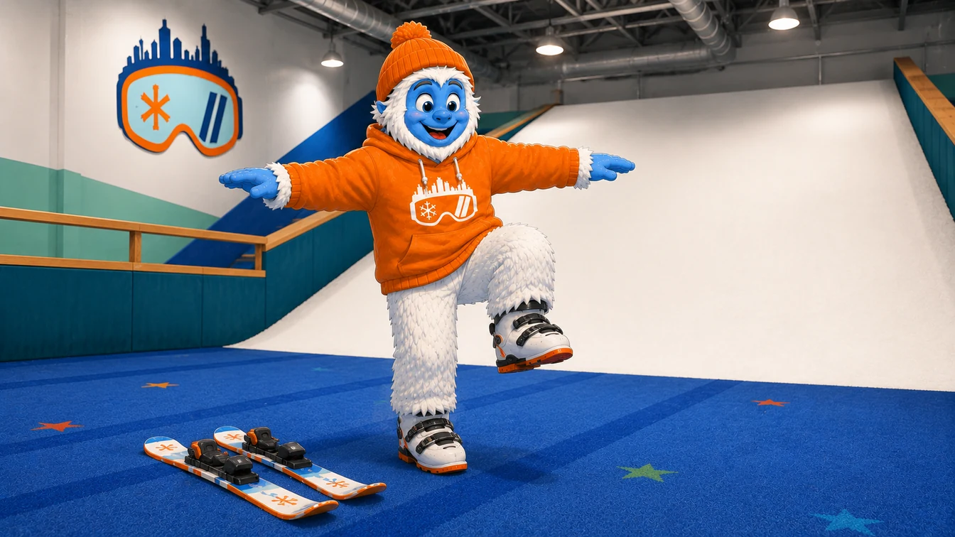 A Shredder yeti balancing on one foot on the blue carpet at the base of the indoor slope, arms stretched out wide, with a pair of skis lying ready on the floor beside them