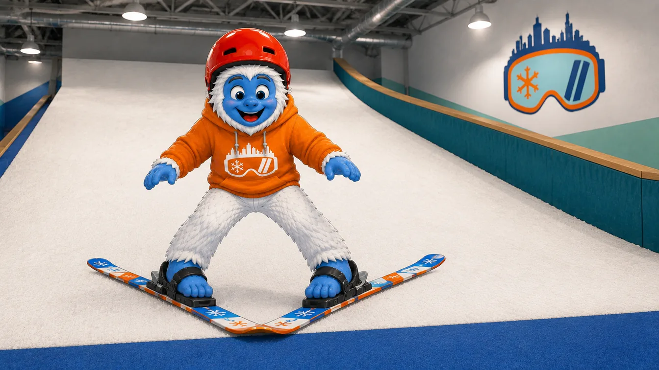 A young Shredder yeti coming down the indoor slope in a wide pizza wedge, ski tips together and tails spread apart