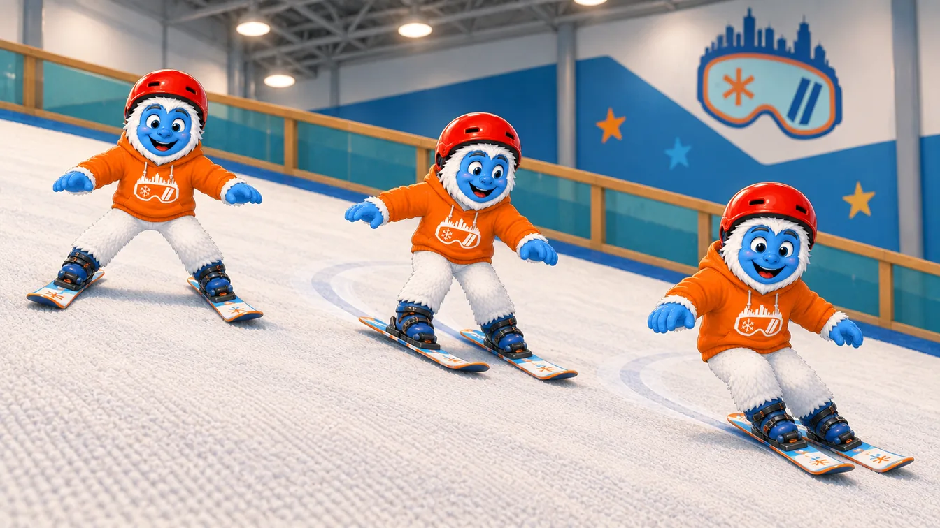 The same young Shredder yeti drawn three times across the indoor slope — a wide wedge, then a first steered turn, then linked turns