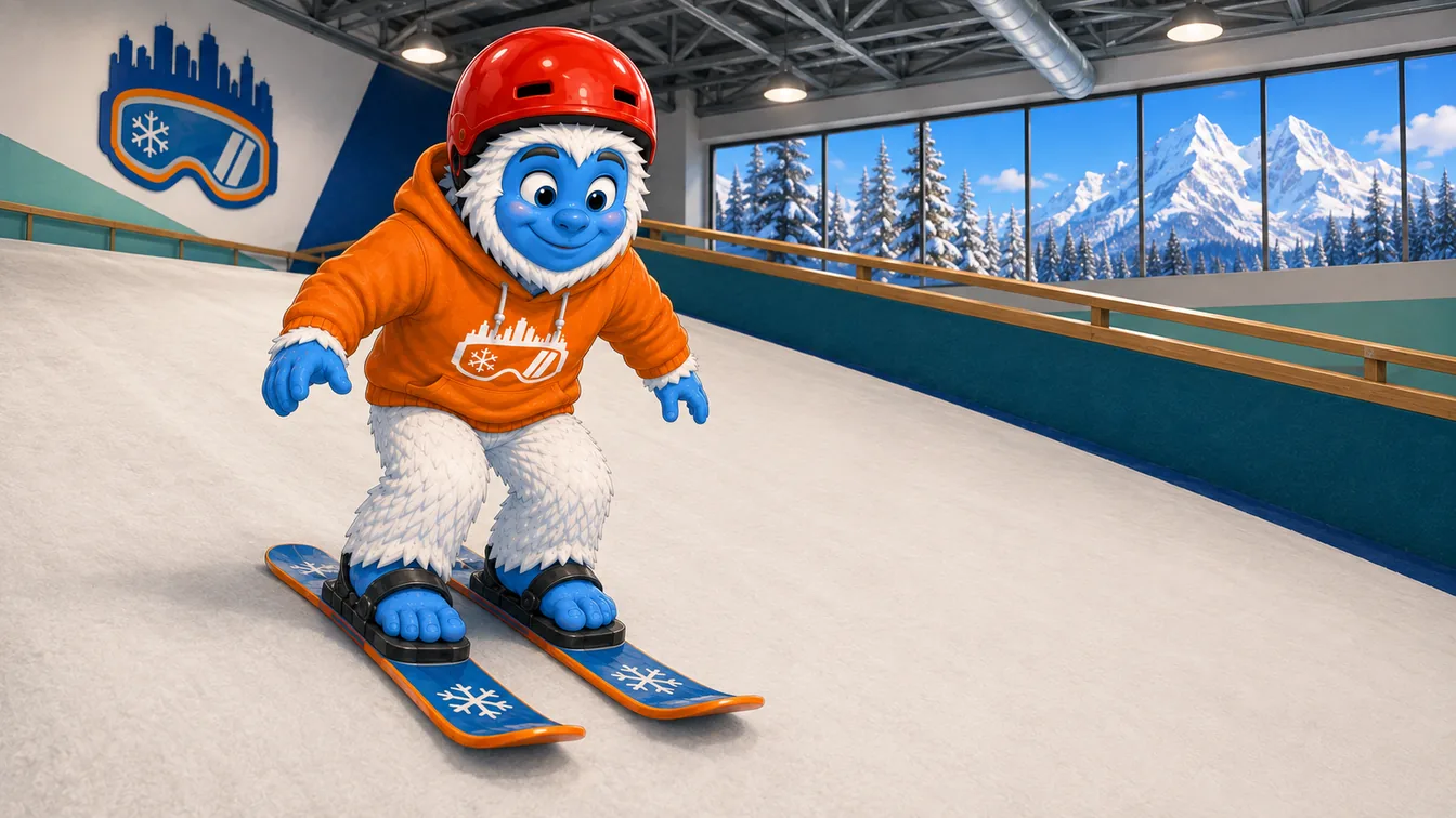 A young Shredder yeti skiing on the indoor slope, with a snow-covered mountain visible through the windows behind