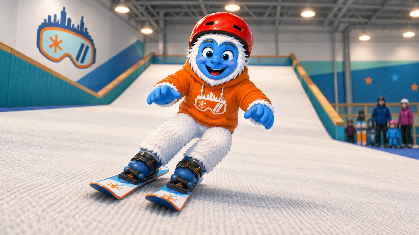 A young Shredder yeti in a red helmet carving a turn down the indoor slope, seen from below so the slope rises behind them