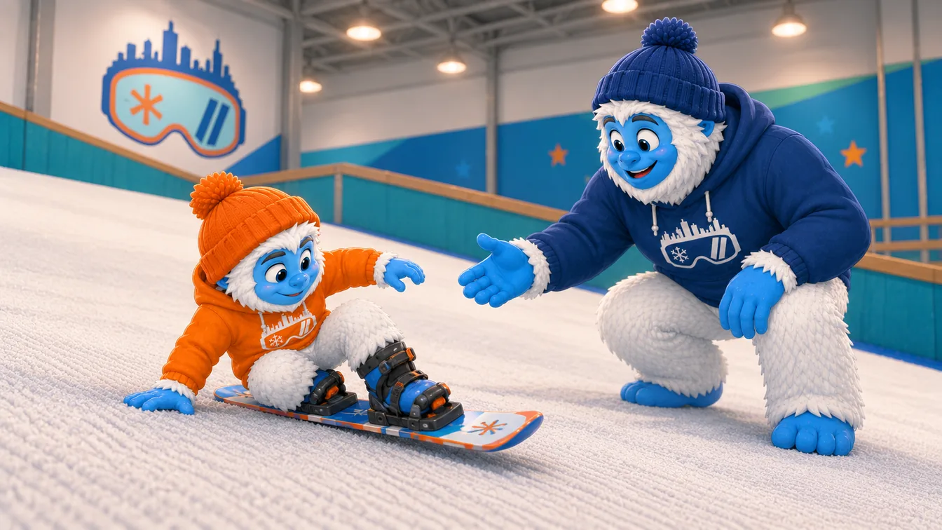 A young Shredder yeti pushing up off the indoor slope on a snowboard while a coach yeti crouches nearby with a hand held out