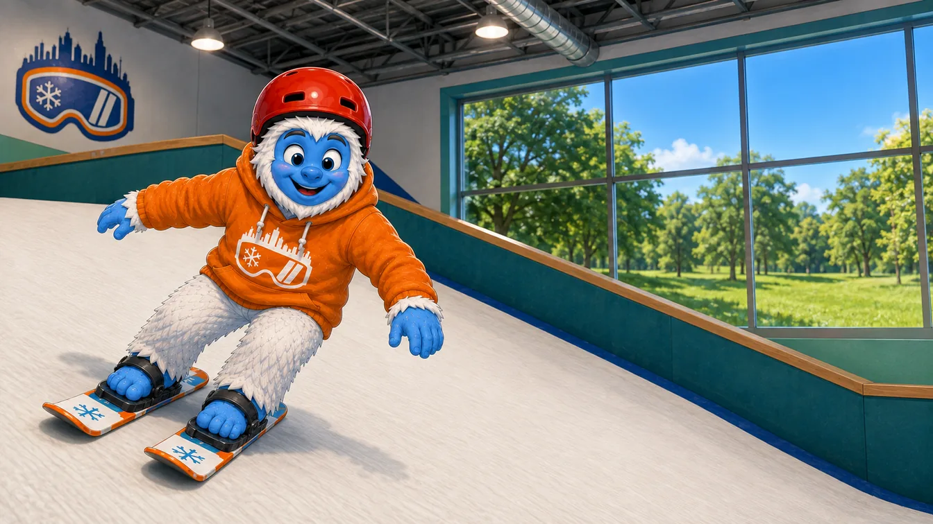 A young Shredder yeti skiing on the indoor slope while green summer trees are visible through the windows behind