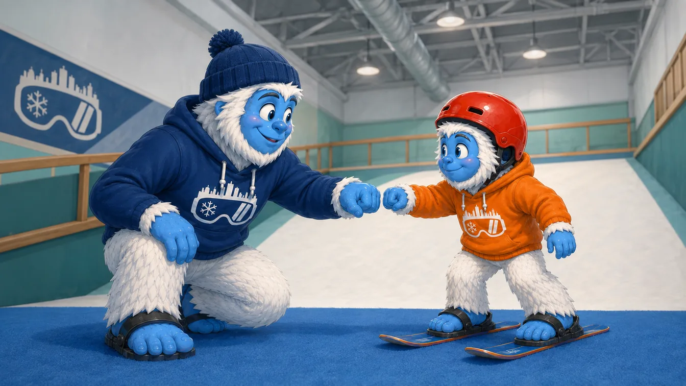 A Shredder coach yeti crouched low, offering a fist bump to a hesitant young yeti