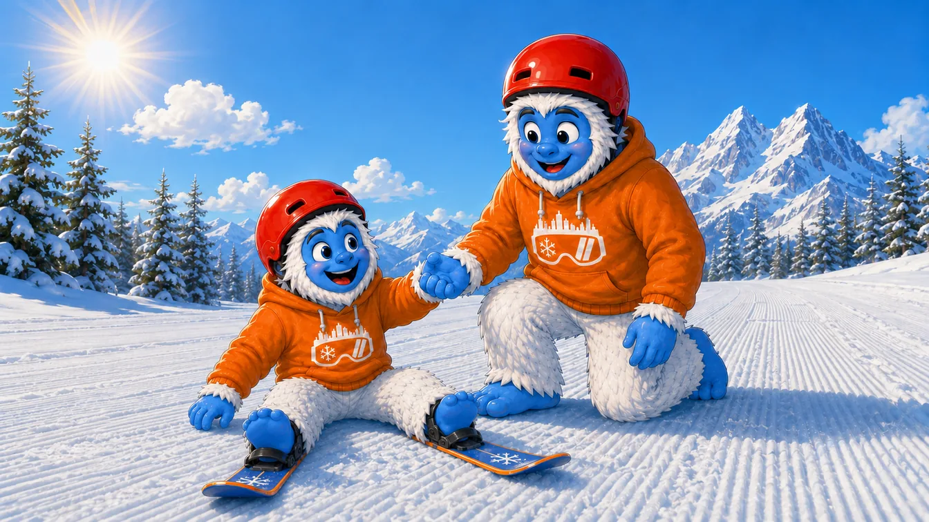 An adult Shredder yeti kneeling to help a young yeti up after an easy tumble on a gentle groomed run