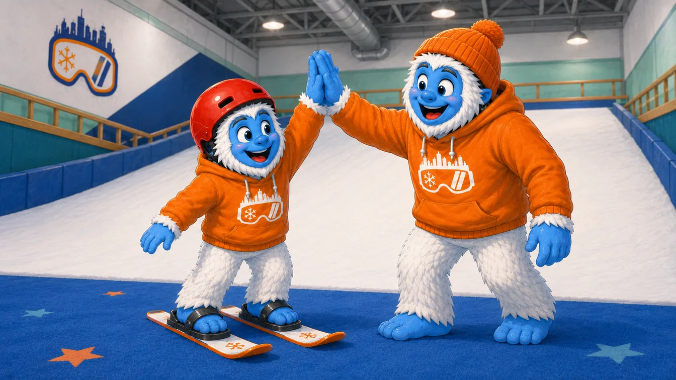 A young Shredder yeti on skis high-fiving an adult yeti at the bottom of the slope