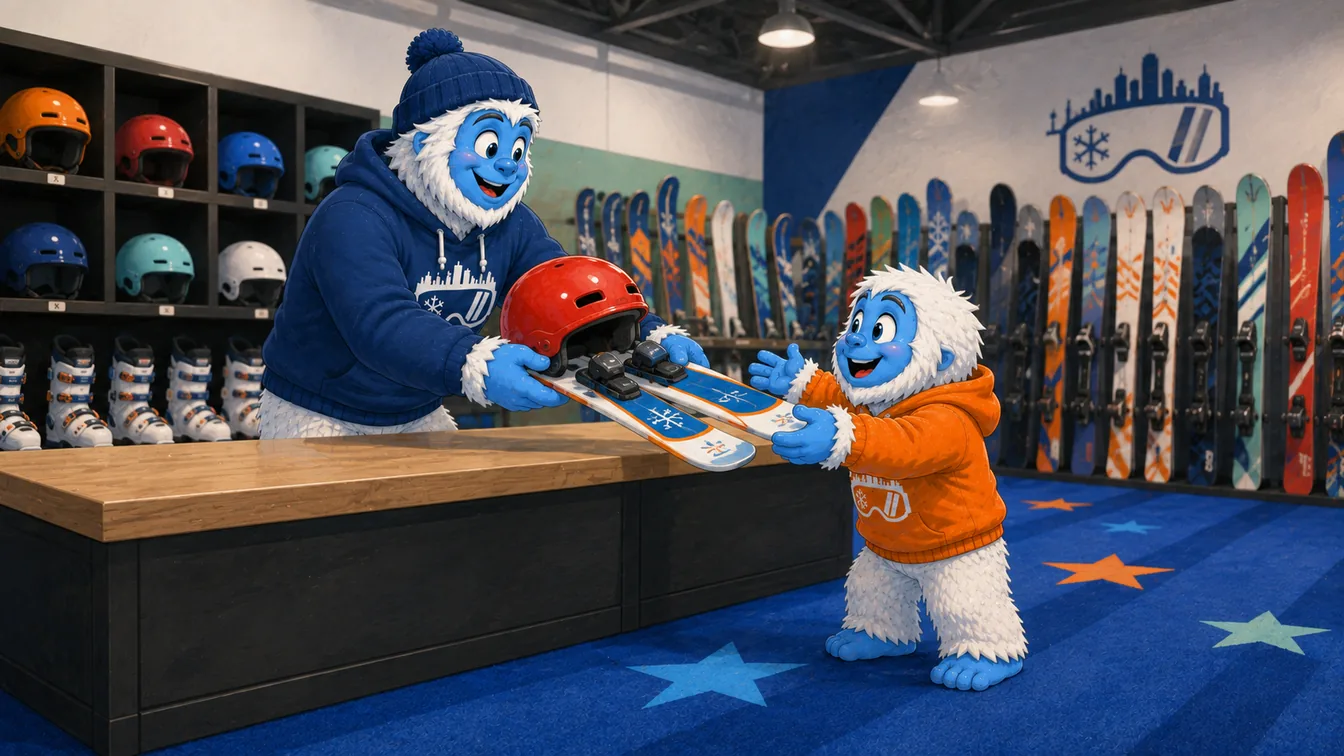 A Shredder coach yeti handing skis and a helmet across a gear counter to a young yeti, racks of equipment behind them