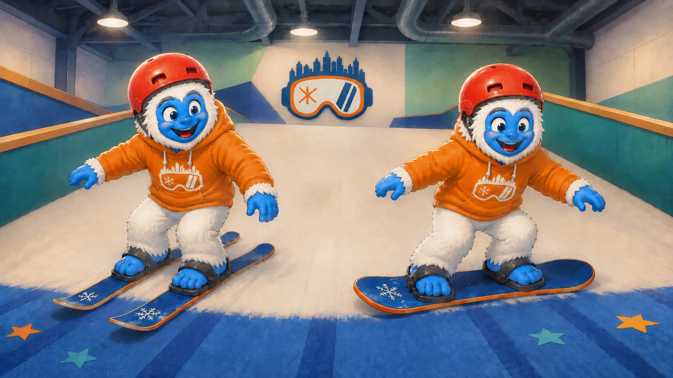 The same Shredder yeti shown twice side by side, once on skis and once on a snowboard