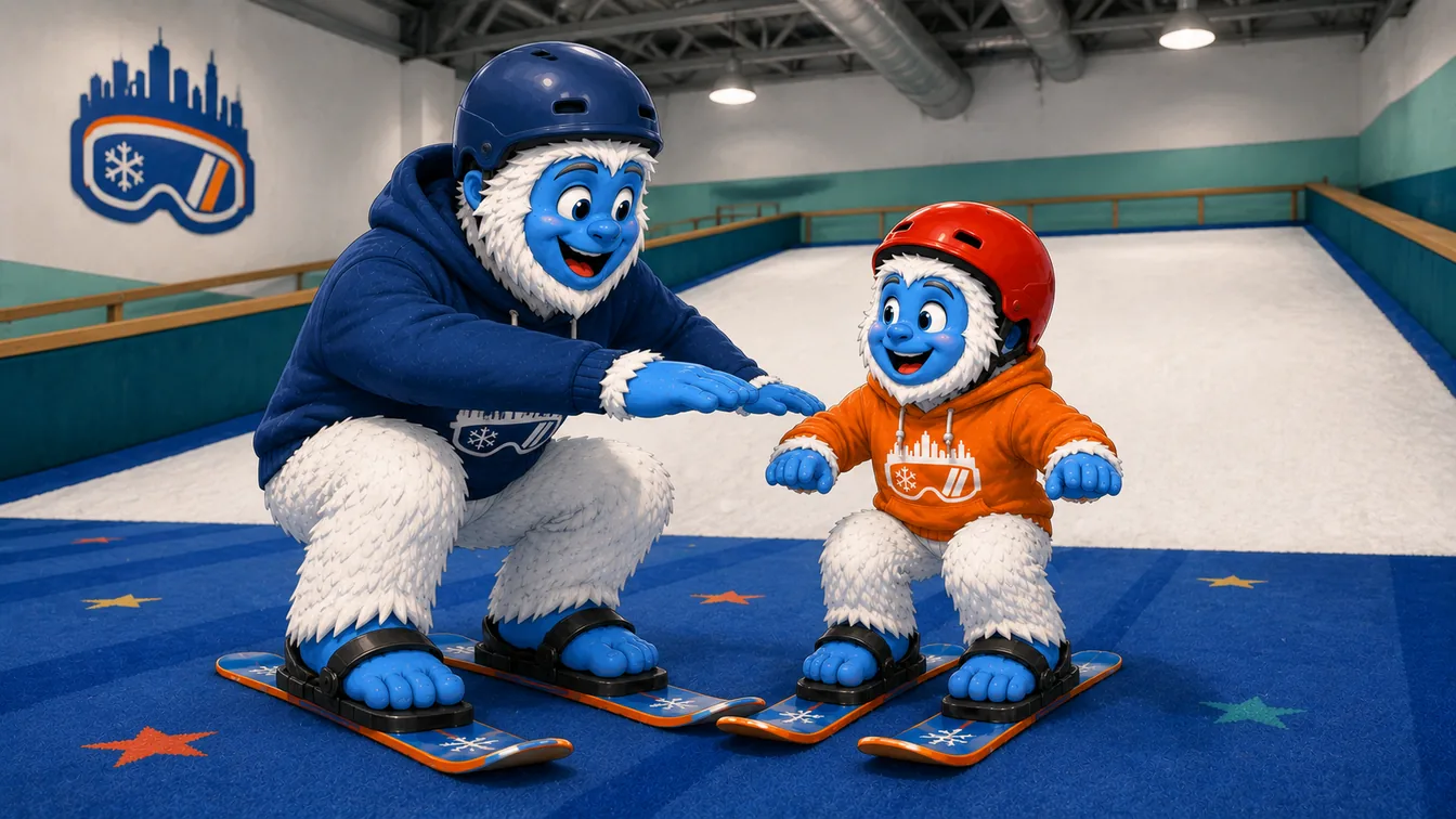 A Shredder coach yeti and a young yeti crouched side by side on the carpet, rehearsing the motion of loading a chairlift