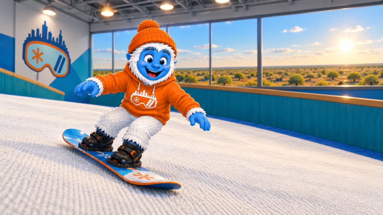 A young Shredder yeti riding a snowboard on the indoor slope, with a window behind showing flat sunlit scrubland and no mountains