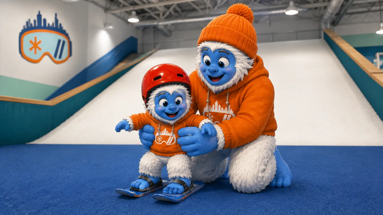 An adult Shredder yeti kneeling to steady a toddler yeti standing on tiny skis