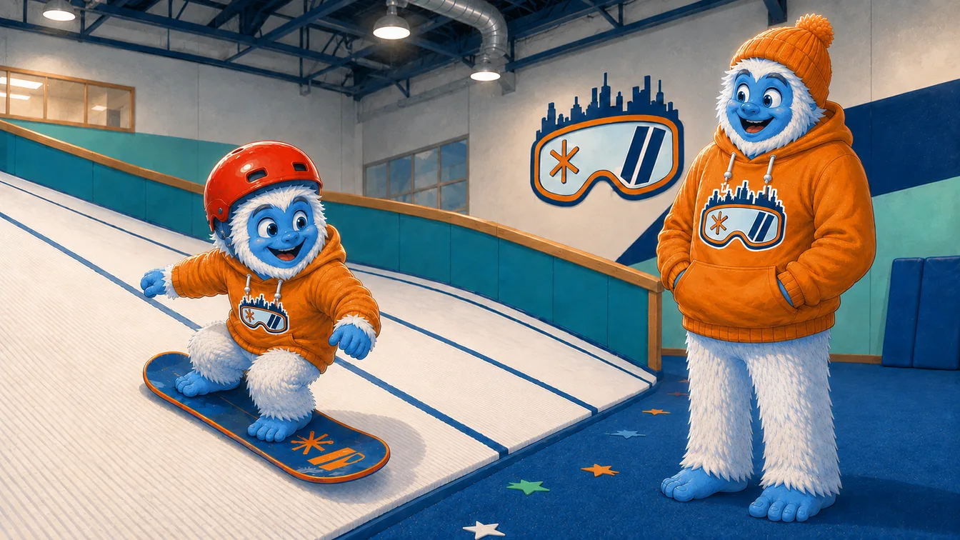 A young Shredder yeti riding a snowboard, looking back at an adult watching with no equipment