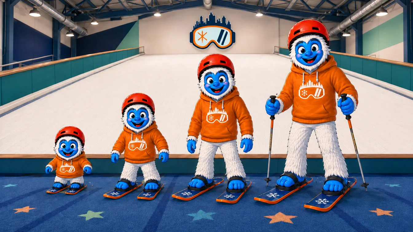 Four Shredder yetis of increasing size standing in a row on skis, from a toddler through to a teen
