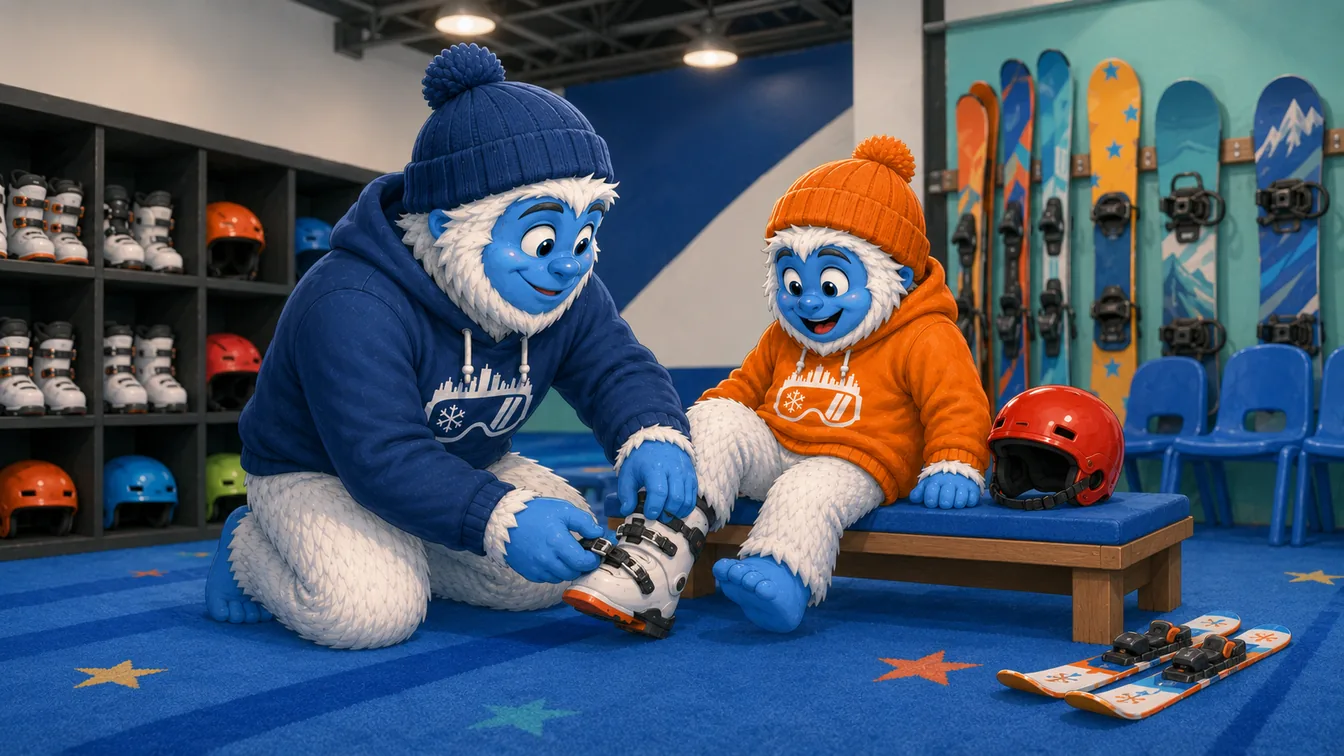 A Shredder coach yeti buckling a ski boot for a young yeti sitting on a bench