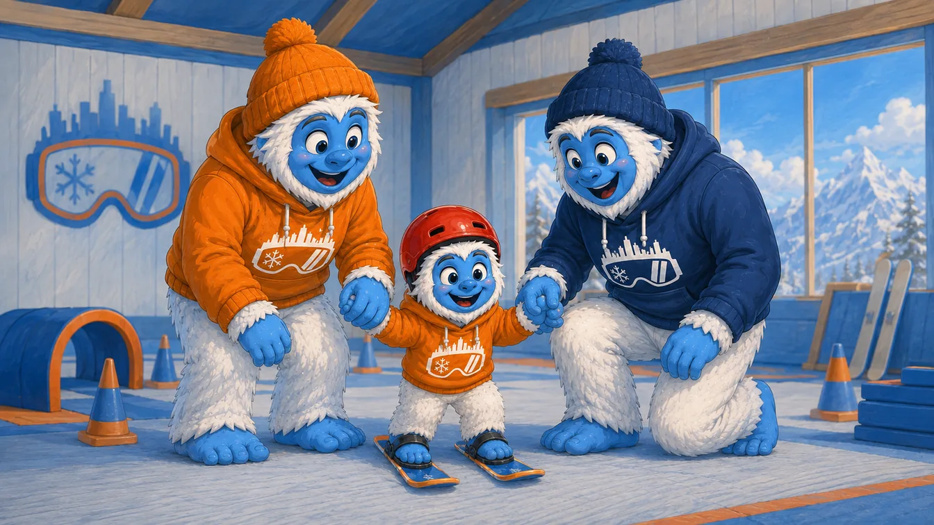 A toddler Shredder yeti on skis holding hands with an adult yeti and a coach yeti