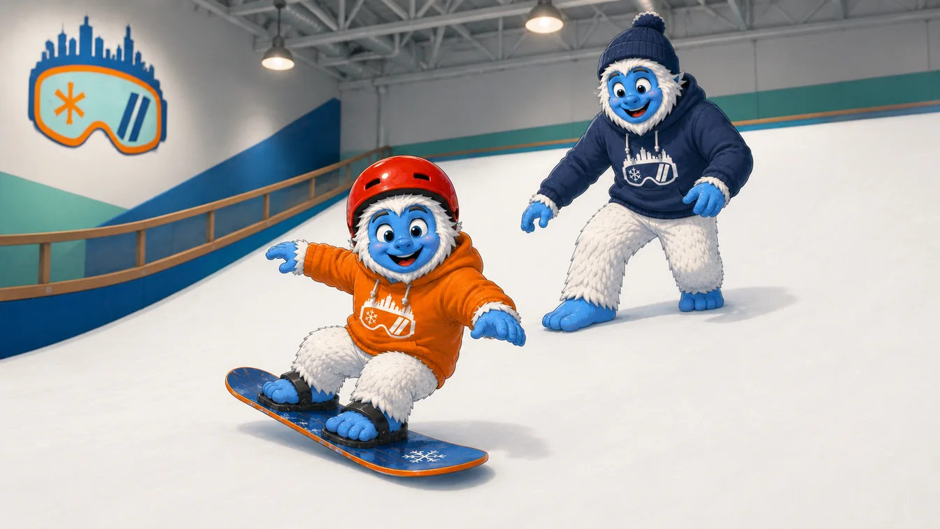 A kid carving a heelside turn on a snowboard with a coach spotting from behind