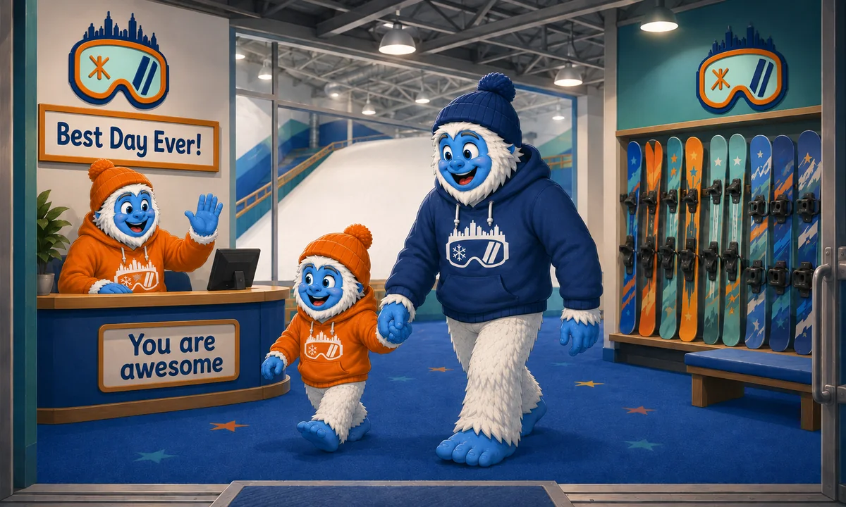 Inside a Shredder facility: check-in desk, a wall of skis and snowboards, and the indoor slope beyond