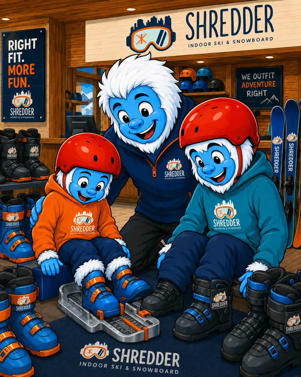 Illustration: a Shredder coach sizing two young riders&rsquo; boots, one child&rsquo;s foot on a measuring device, surrounded by youth ski boots in graduated sizes.