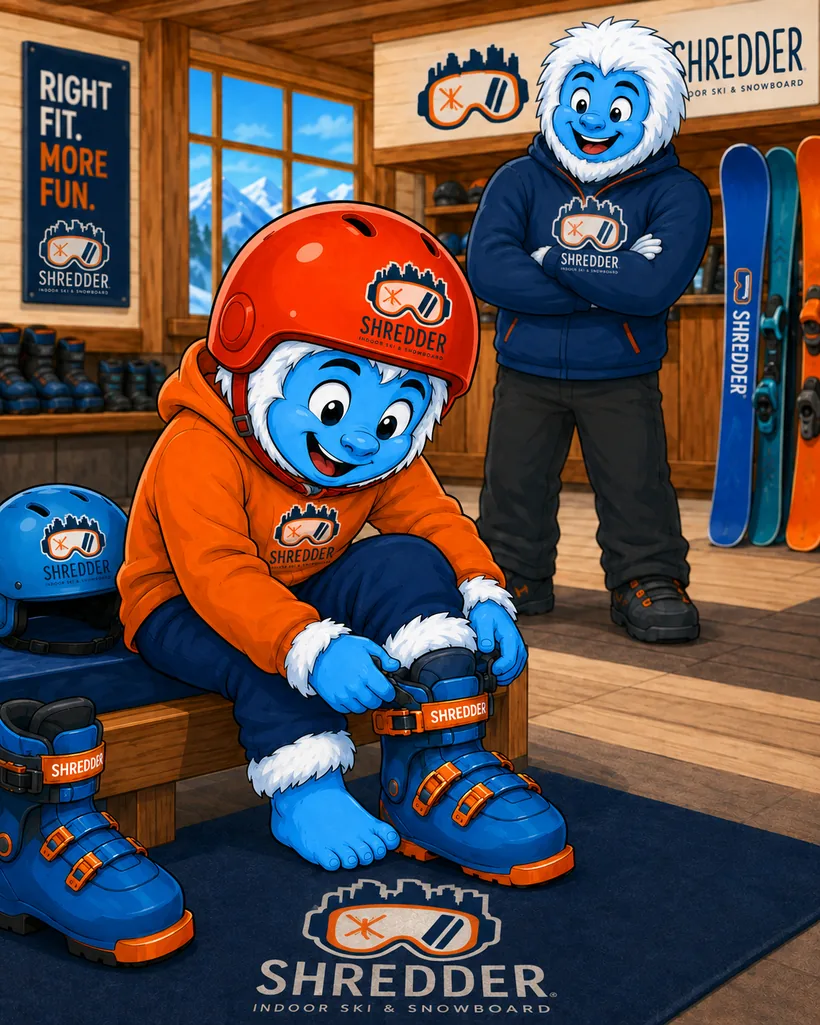 Illustration: a young rider buckling their own fitted Shredder ski boots on a bench while a coach looks on.