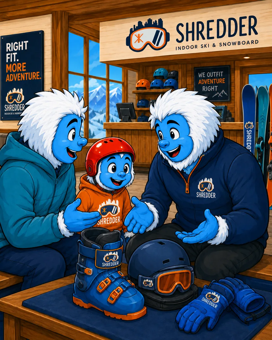 Illustration: a Shredder coach walking a parent and child through a rental setup — boots, helmet, goggles and gloves laid out on the bench.