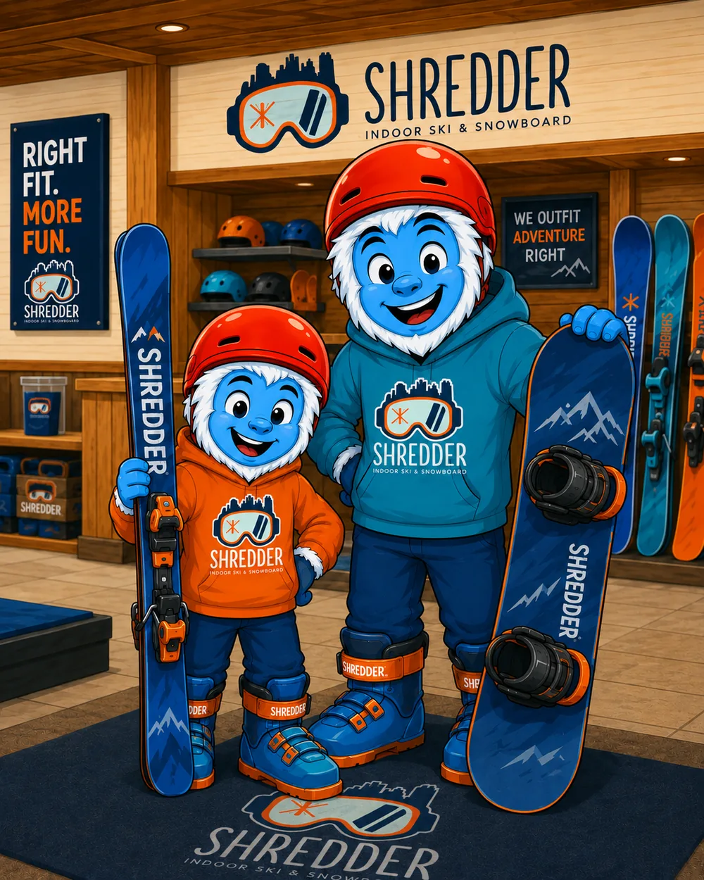 Illustration: a Shredder coach and a young rider in the rental shop, one holding fitted skis and the other a snowboard, helmets on, beneath a sign reading &ldquo;Right fit. More fun.&rdquo;