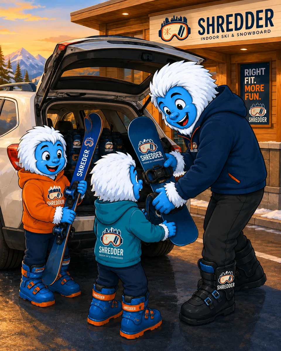Illustration: a family loading fitted skis and a snowboard into the back of their car outside a Shredder shop at sunset, mountains in the distance.