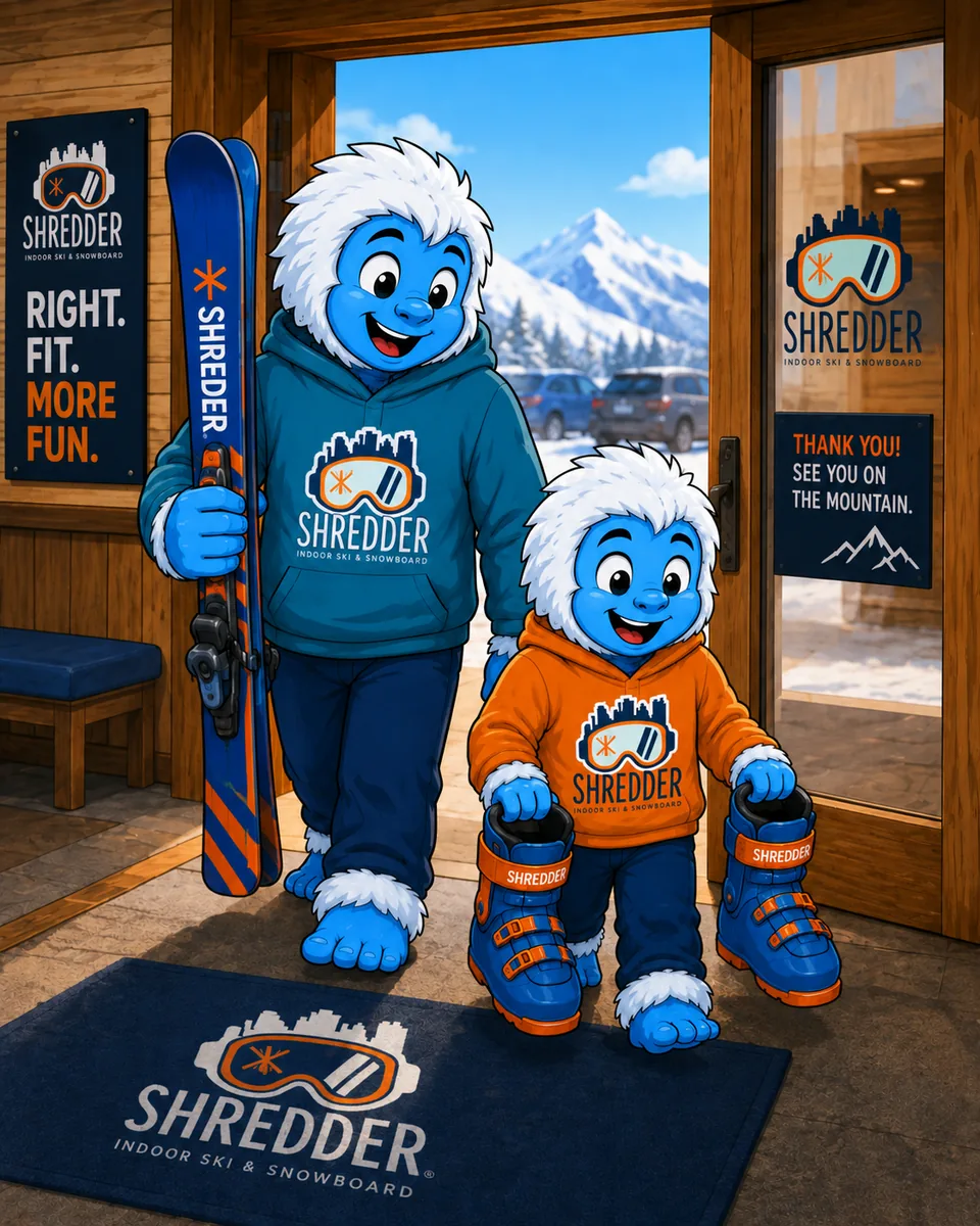 Illustration: a parent and child leaving a Shredder shop carrying skis and fitted boots, snowy mountain visible through the open door, beside a sign reading &ldquo;Thank you! See you on the mountain.&rdquo;