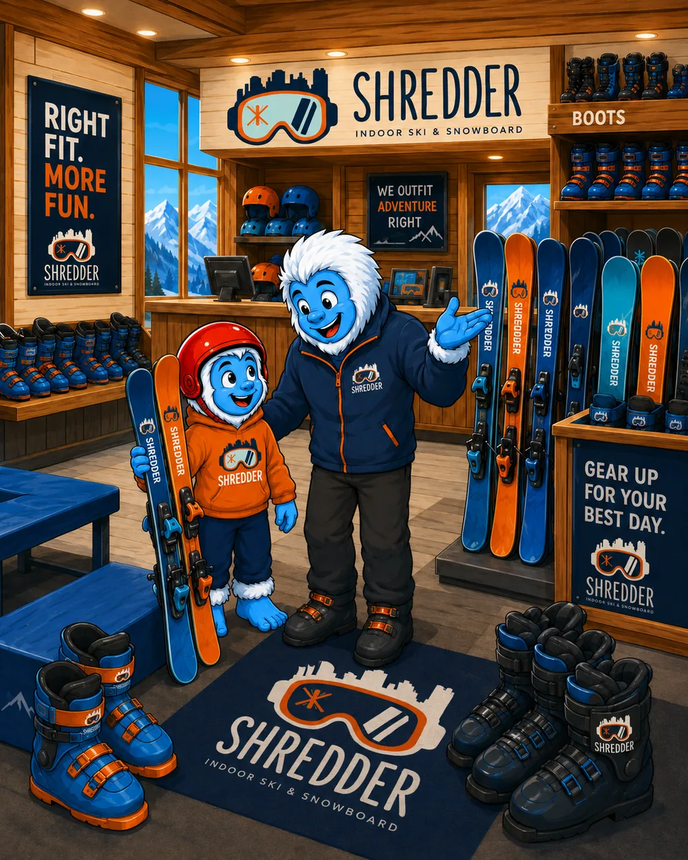Illustration: a Shredder team member helping a young skier choose from a wall of youth skis and boots, under signs reading &ldquo;Boots&rdquo; and &ldquo;Gear up for your best day.&rdquo;