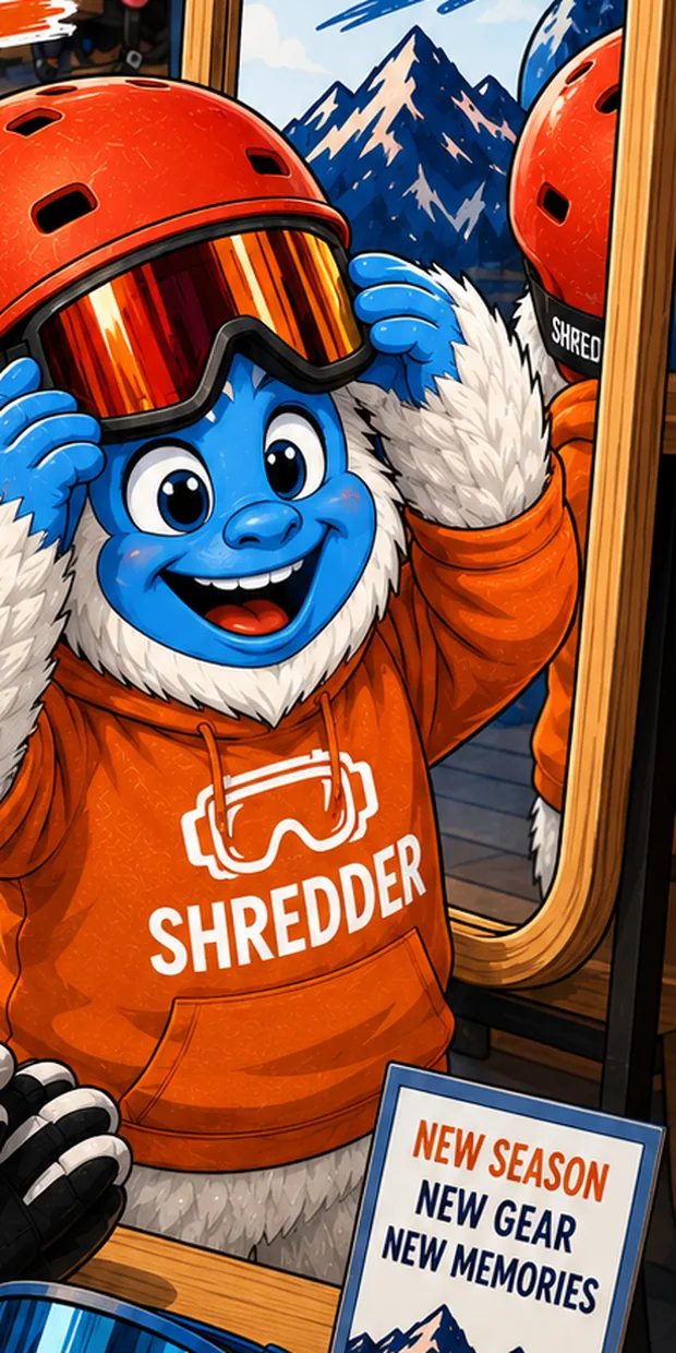 Illustration: the Shredder yeti trying on a helmet and goggles in front of a mirror, gloves and goggles laid out on the counter.