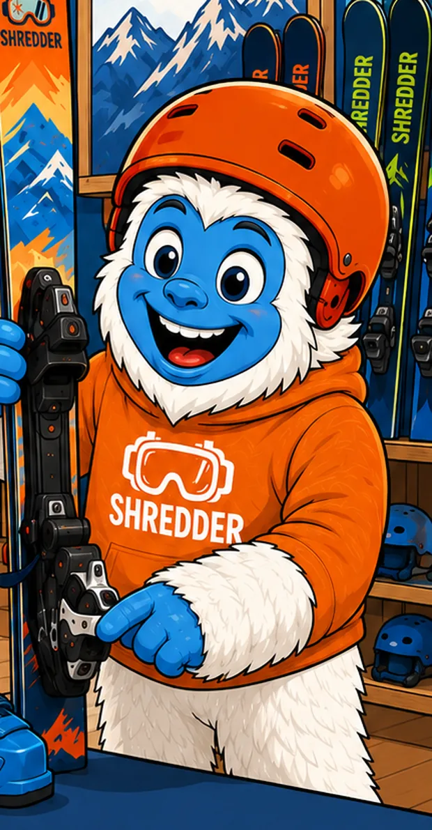 Illustration: the Shredder yeti in an orange helmet holding a pair of youth skis in the rental shop, racks of skis and boots behind.