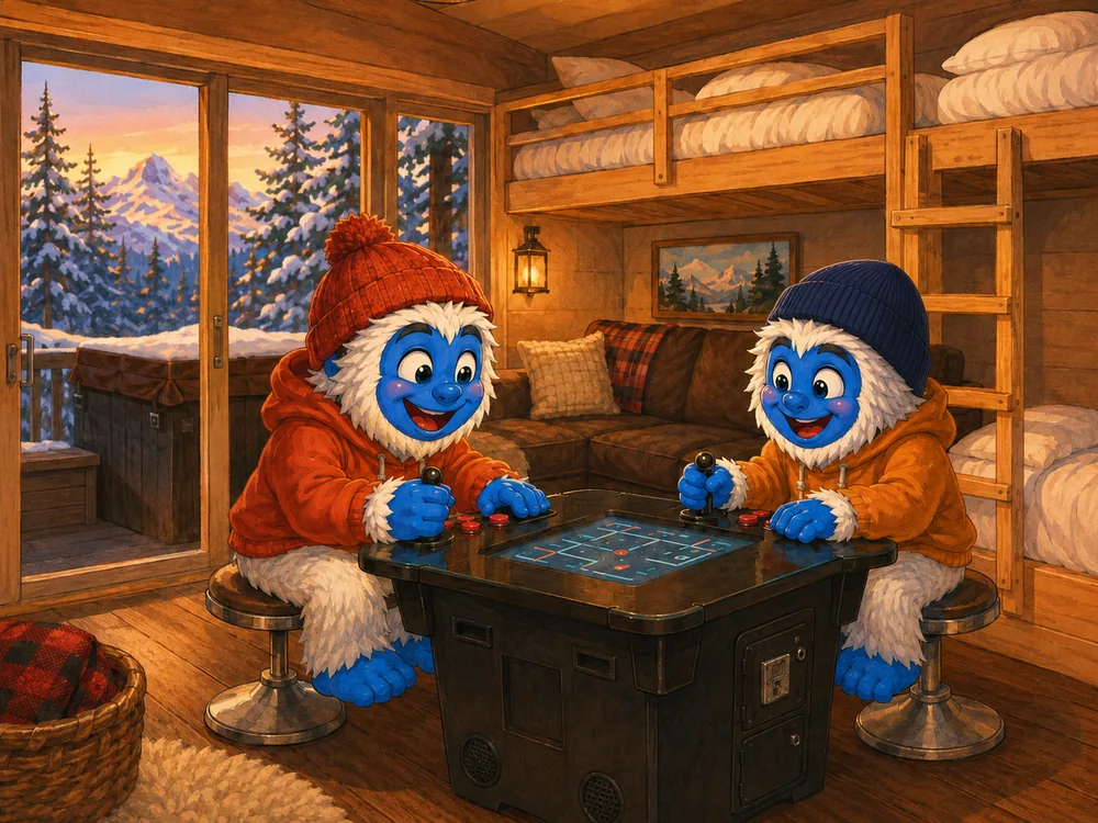 Illustration of kids playing in the Shred Haus arcade