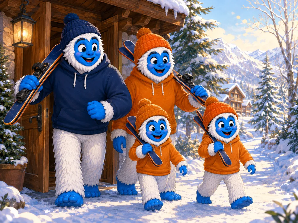 Illustration of a family leaving Shred Haus with skis