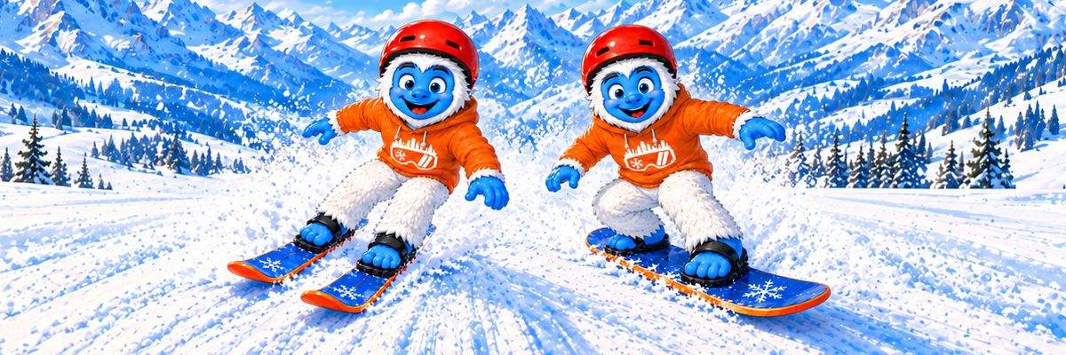 A Yeti skiing and a Yeti snowboarding side by side down a mountain slope