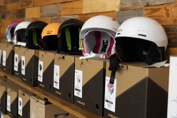 Fitted helmets on the shelf at Shredder Wheat Ridge